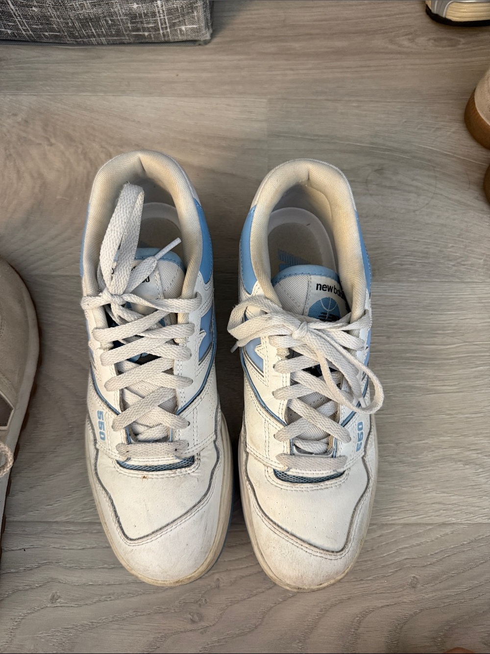 New Balance White and Light Blue Low-Top Sneakers